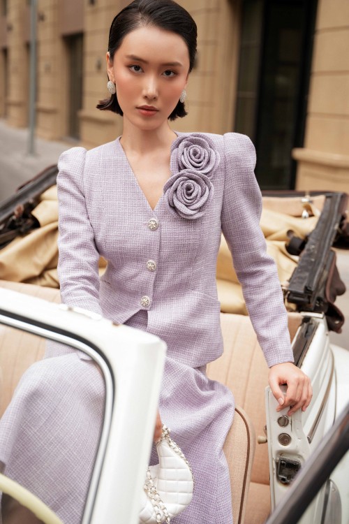 Sixdo Purple Tweed Flared Skirt